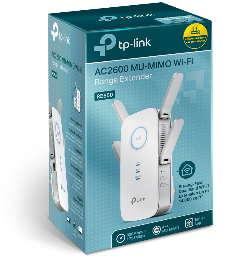 Egy fehér és kék TP-Link AC2600 MU-MIMO Wi-Fi hatótávnövelő doboz a készülékkel.