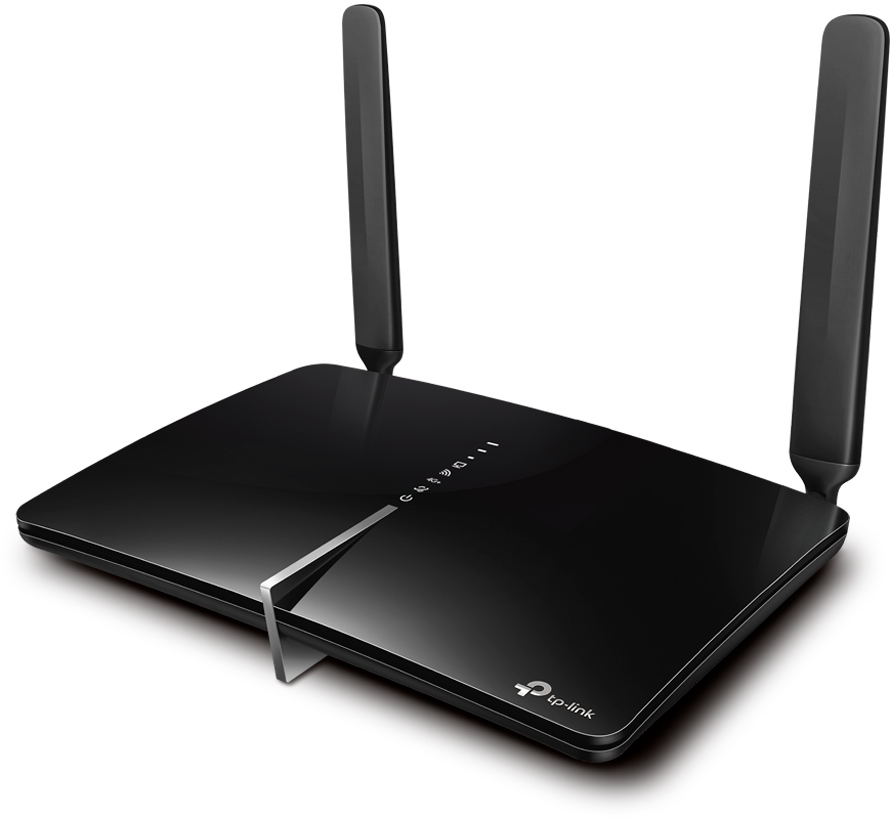 Fekete vezeték nélküli router két antennával. Jelzőfények vannak az elején.