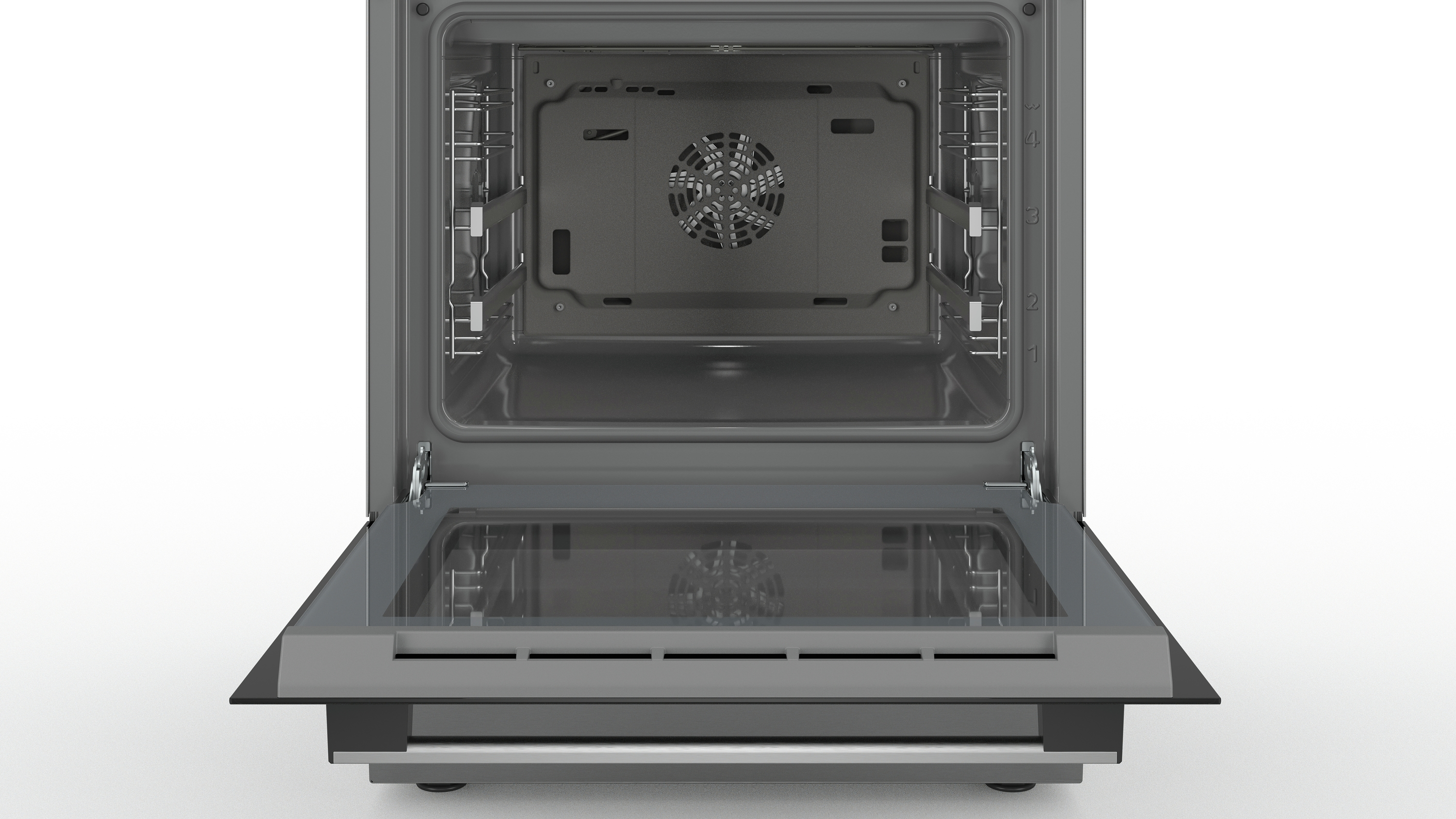 Open oven, interieur zichtbaar. Ventilator, lichten en glazen deur. Grijze en zwarte oven met witte achtergrond.