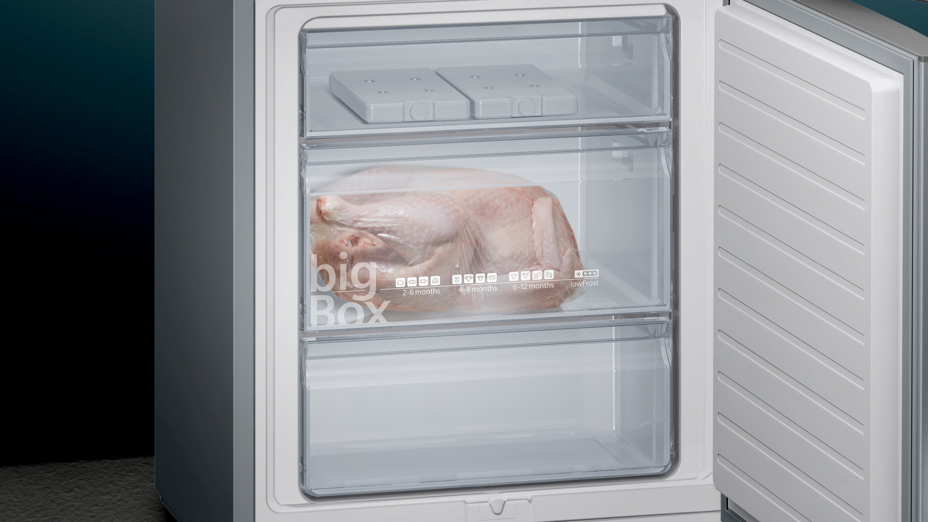 Kühlschrank-Innenraum mit gefrorenem Truthahn in einem durchsichtigen Beutel, in 'bigBox'.