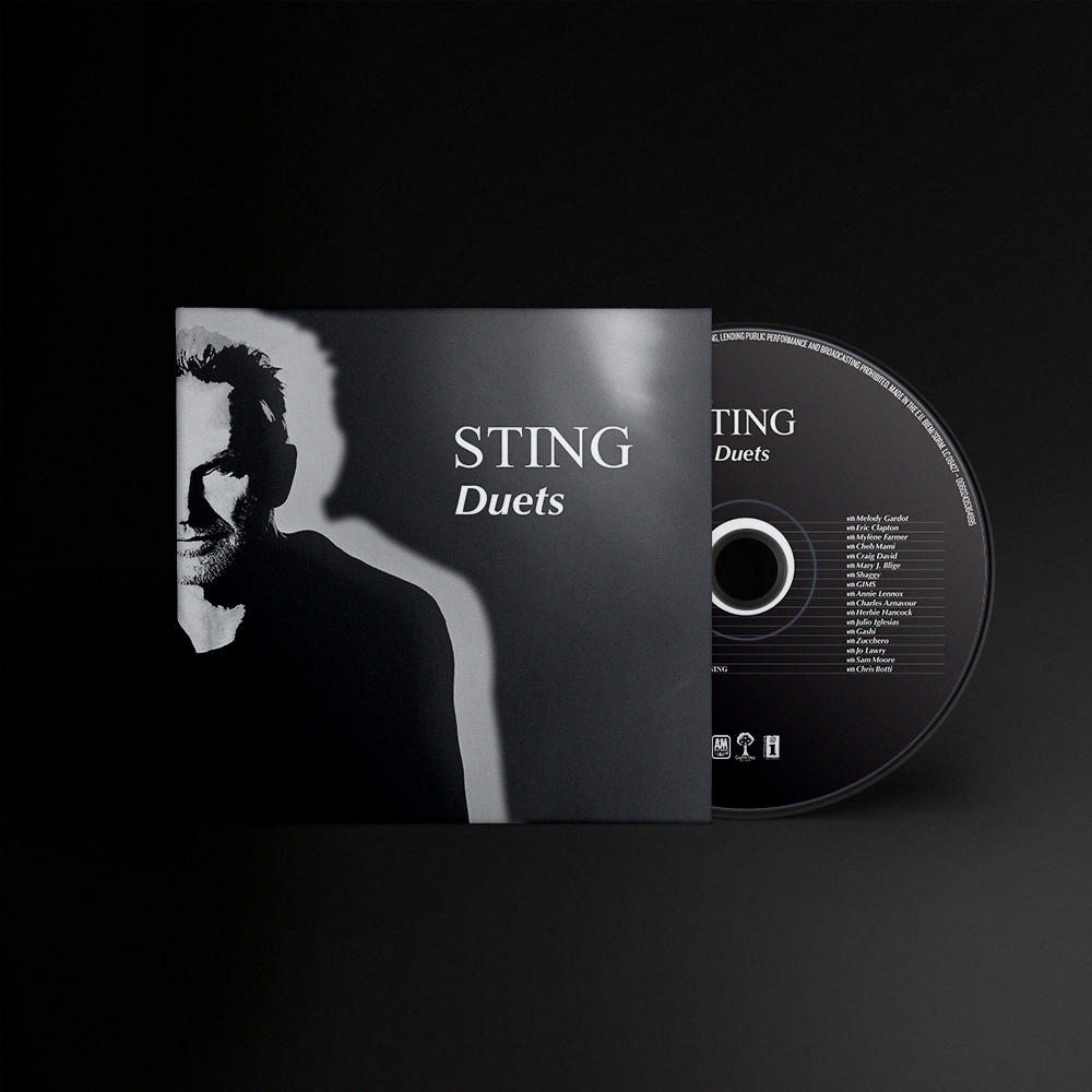 Pochette de l'album Sting Duets, en noir et blanc, avec le visage de Sting sur le devant.