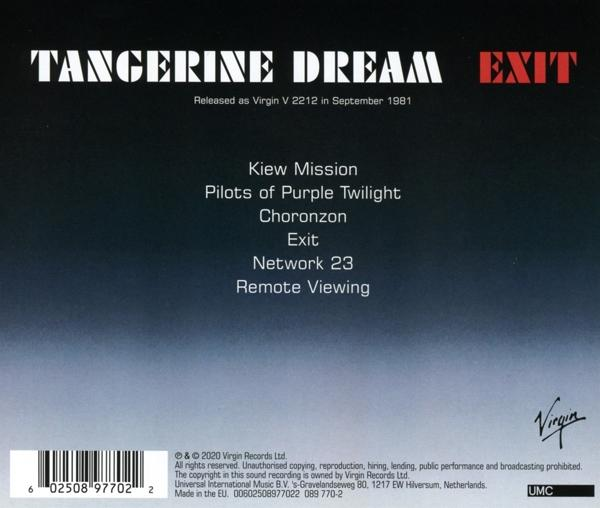A Tangerine Dream 'Exit' című albumának borítója, a számlistával és a Virgin Records logójával.