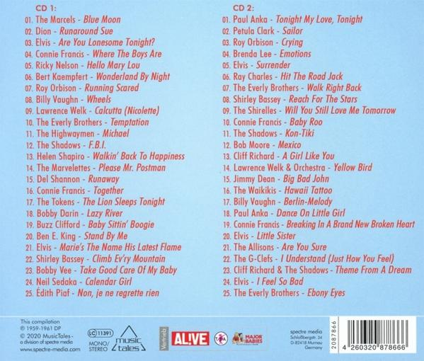 CD-Hülle mit zwei Discs, Titellisten und Logos von Compilation- und Musiklabels.