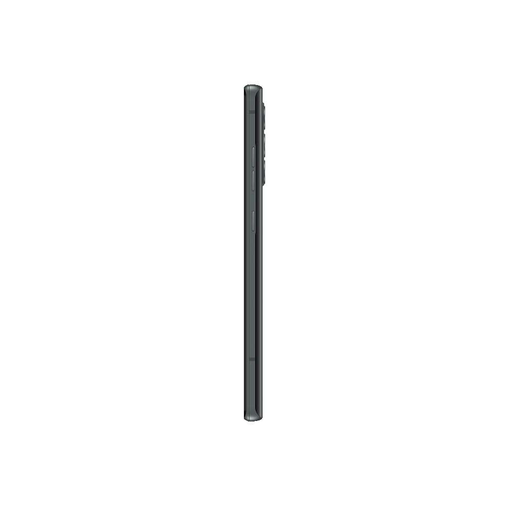 Vista lateral de un smartphone negro. El teléfono está sobre un fondo blanco.