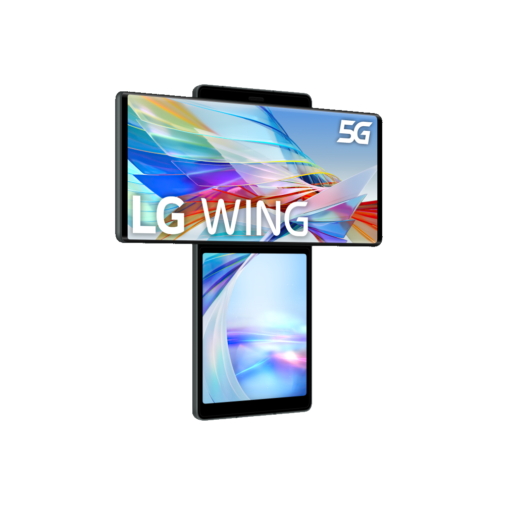 Teléfono LG Wing 5G en modo giratorio, con dos pantallas que muestran contenido.