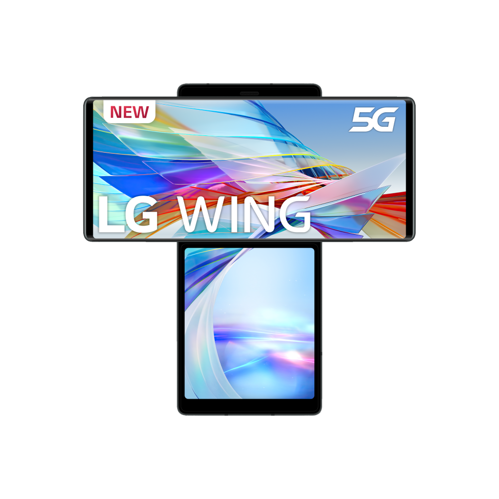 Smartphone LG Wing, con pantalla superior girada. Fondo blanco, etiquetas NUEVO y 5G.