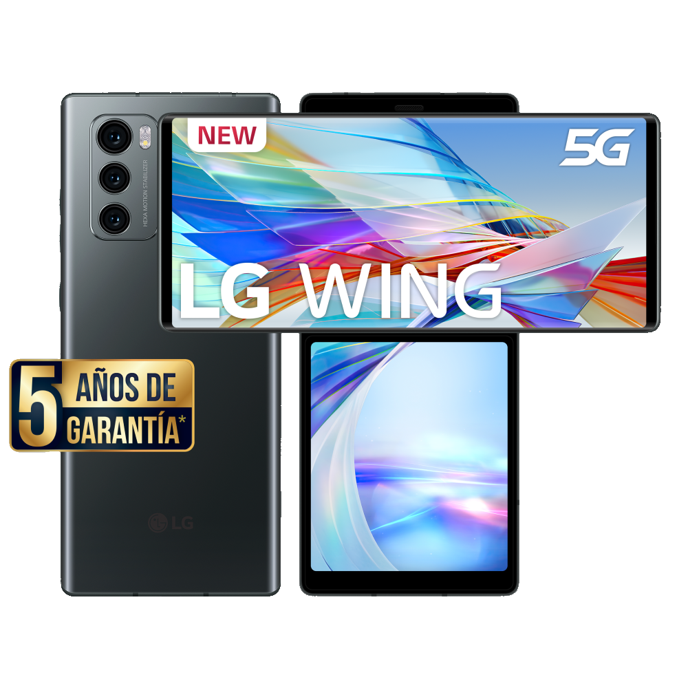 Teléfono gris con doble pantalla abierta, mostrando logotipos y texto.