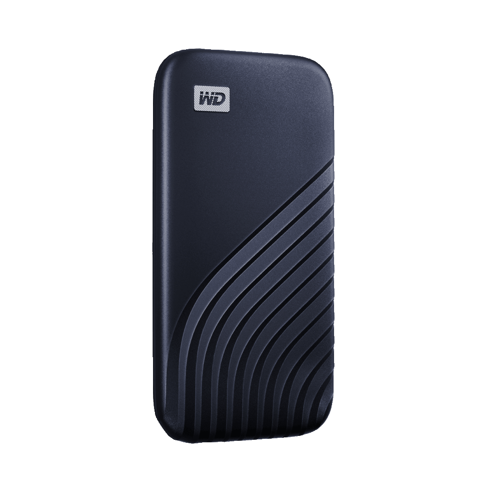 Disco duro externo negro y rectangular con un diseño elegante y curvo y el logotipo de WD.