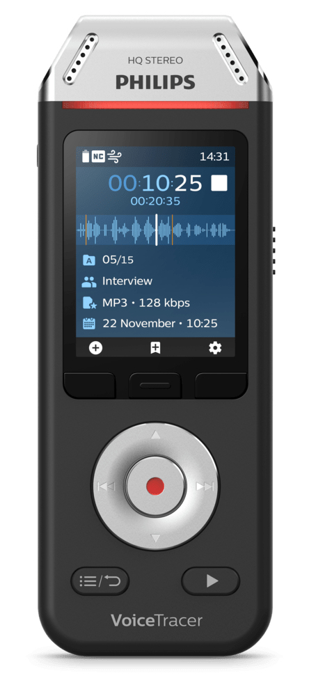Ein schwarzer Philips VoiceTracer-Recorder mit einem LCD-Bildschirm.