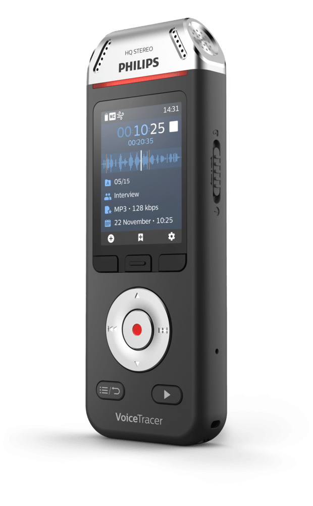 Schwarzer digitaler Philips VoiceTracer Diktiergerät. Es hat einen kleinen Bildschirm und Bedientasten.