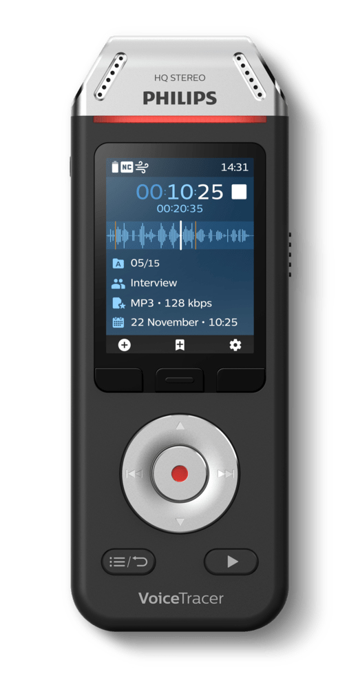 Schwarzer Philips VoiceTracer Recorder. Zeigt Bildschirm mit Aufnahme-Details und Bedienelementen.