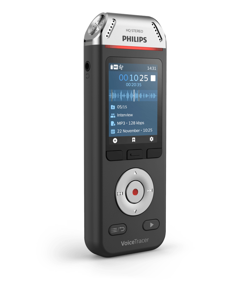 Schwarzes und silbernes Philips VoiceTracer digitales Diktiergerät. Es hat einen Bildschirm und verschiedene Tasten.