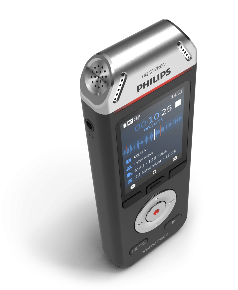 Schwarzer Philips VoiceTracer-Recorder mit Bildschirm, der Schallwellen anzeigt. Silberner Deckel. Weißer Hintergrund.