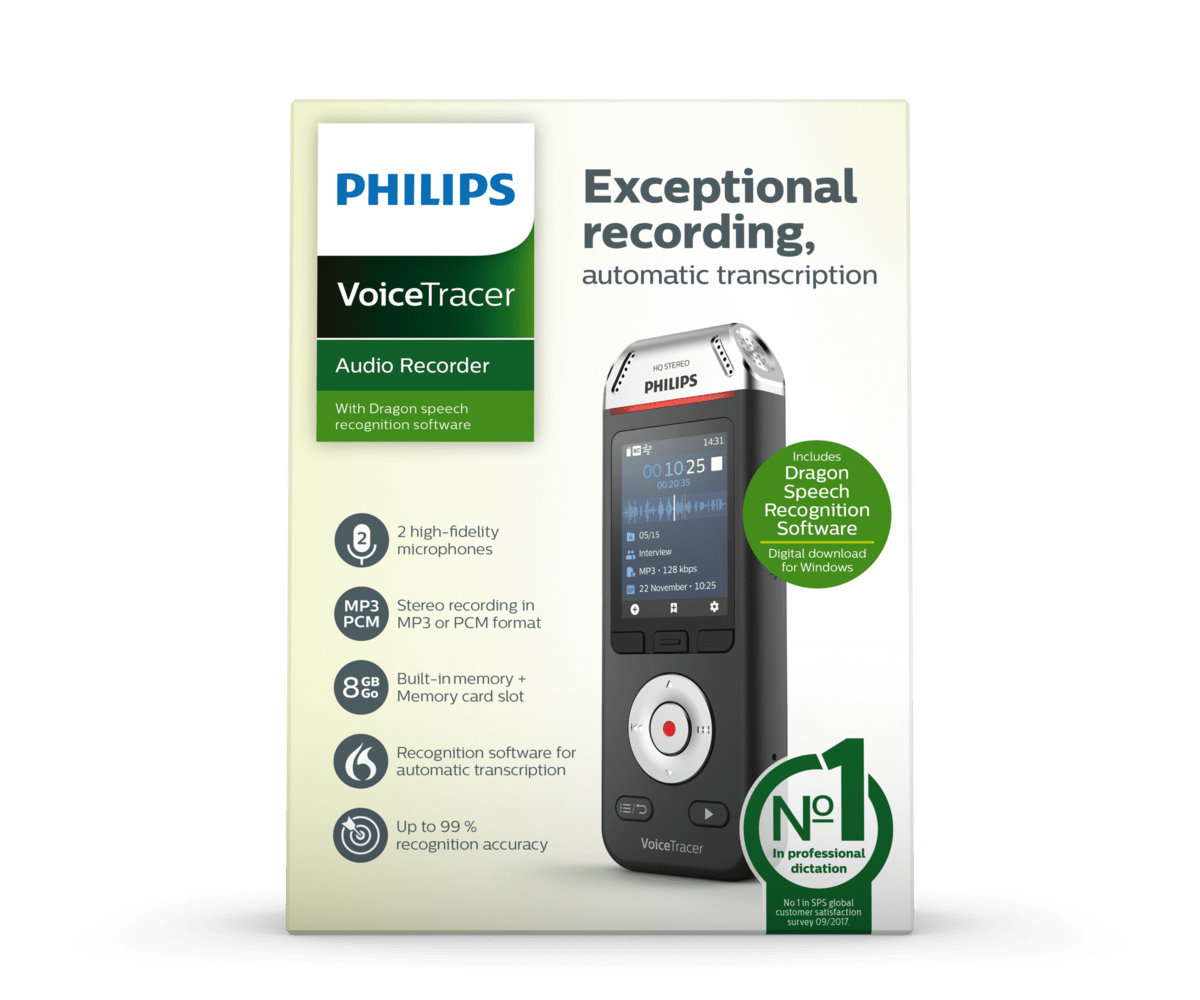 Philips VoiceTracer Audiorecorder mit Verpackung, die Funktionen und Design zeigt.