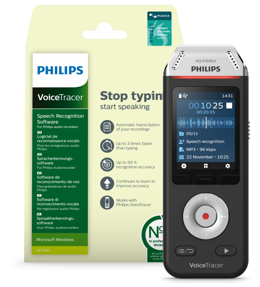 Philips VoiceTracer-Recorder mit Mikrofon, Anzeige der Aufnahme und zugehörige Softwarebox.