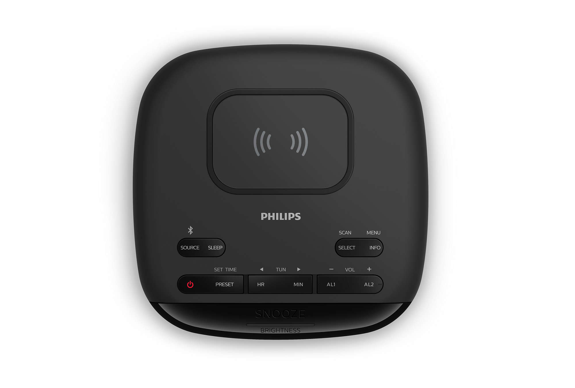 A black Philips wireless charging alarm clock with a top-down view on a white background.
