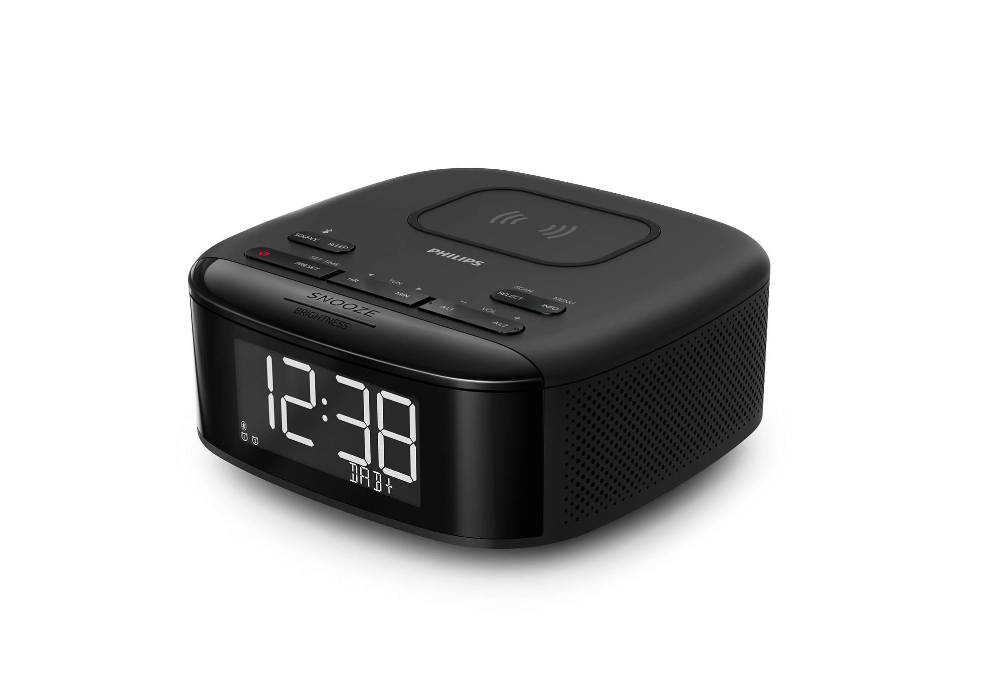 Black Philips alarm clock with a digital display, wireless charging pad, and snooze button.