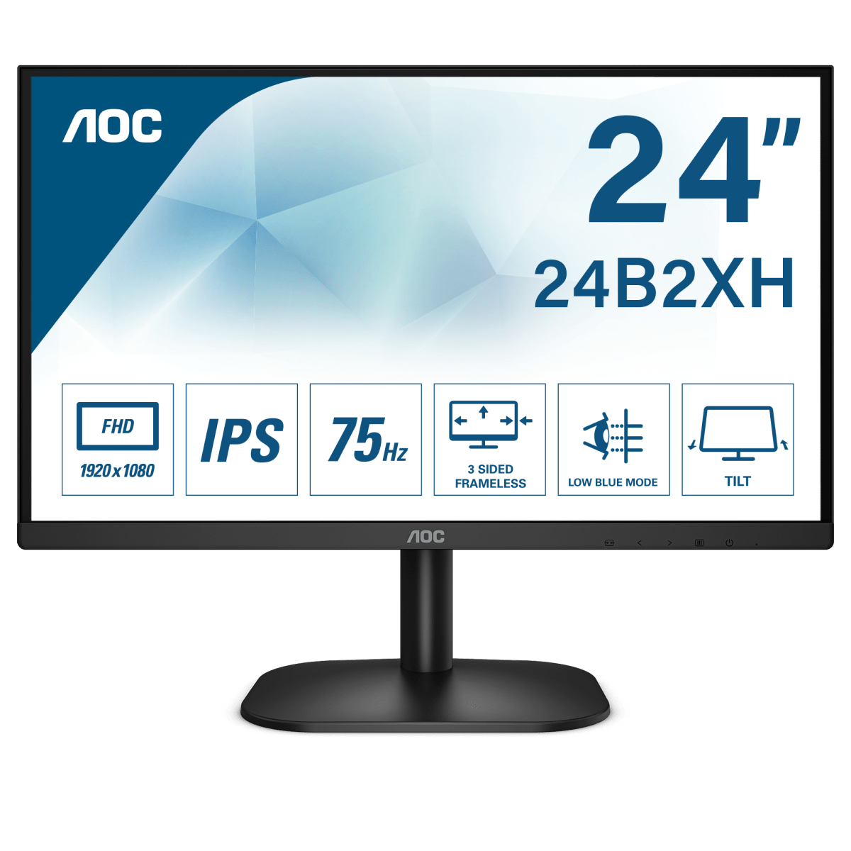 Monitor AOC negro. Muestra pantalla de 24 pulgadas con iconos y texto en fondo blanco.