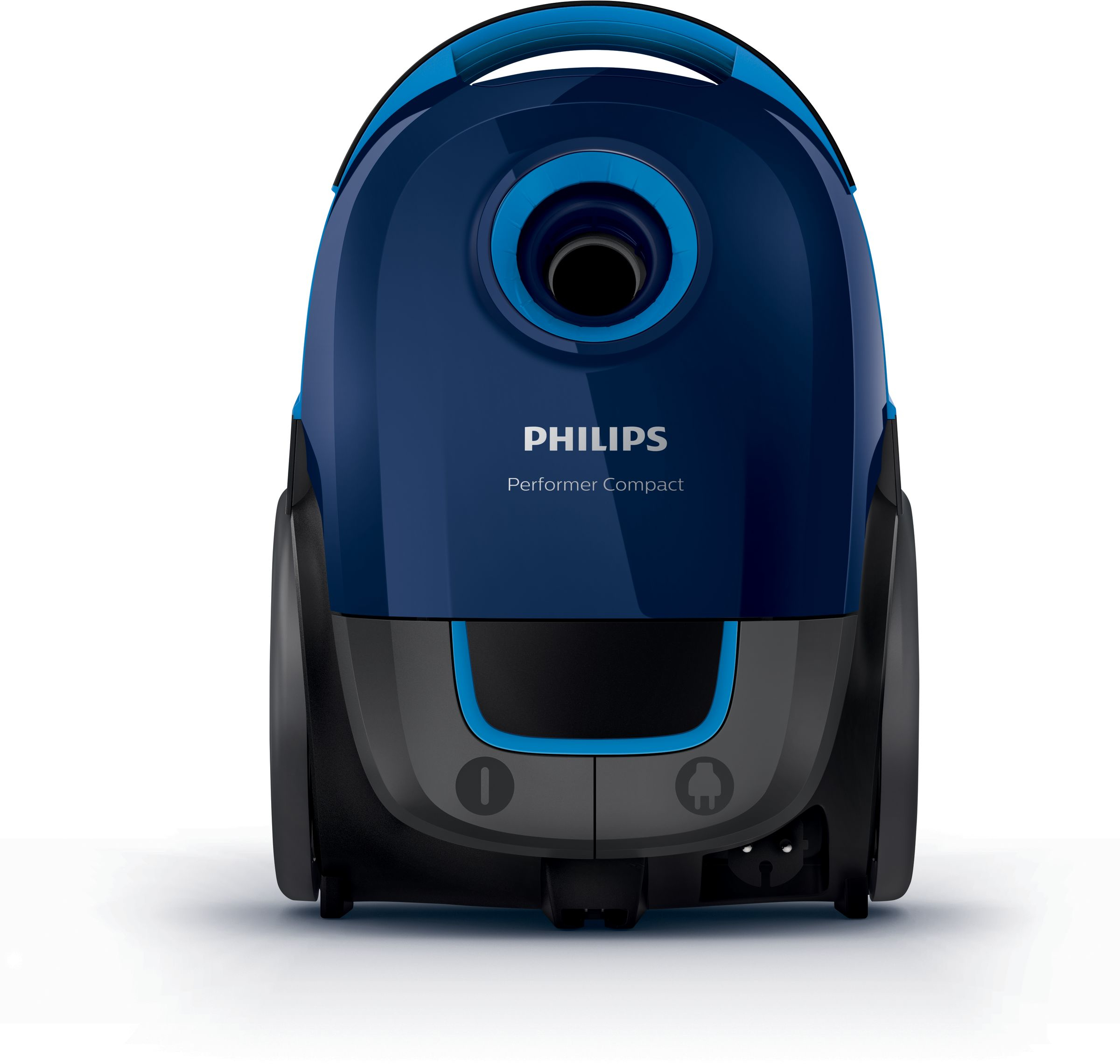Ein dunkelblauer Philips-Staubsauger. Er hat einen Griff, einen kreisförmigen Einlass und der Markenname ist sichtbar.