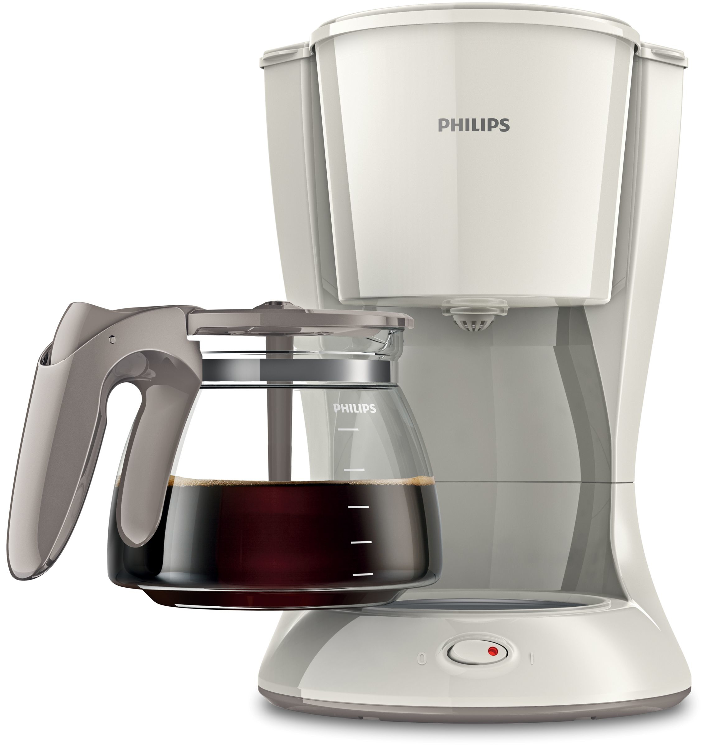 White and gray Philips coffee maker, with a glass carafe filled with coffee.