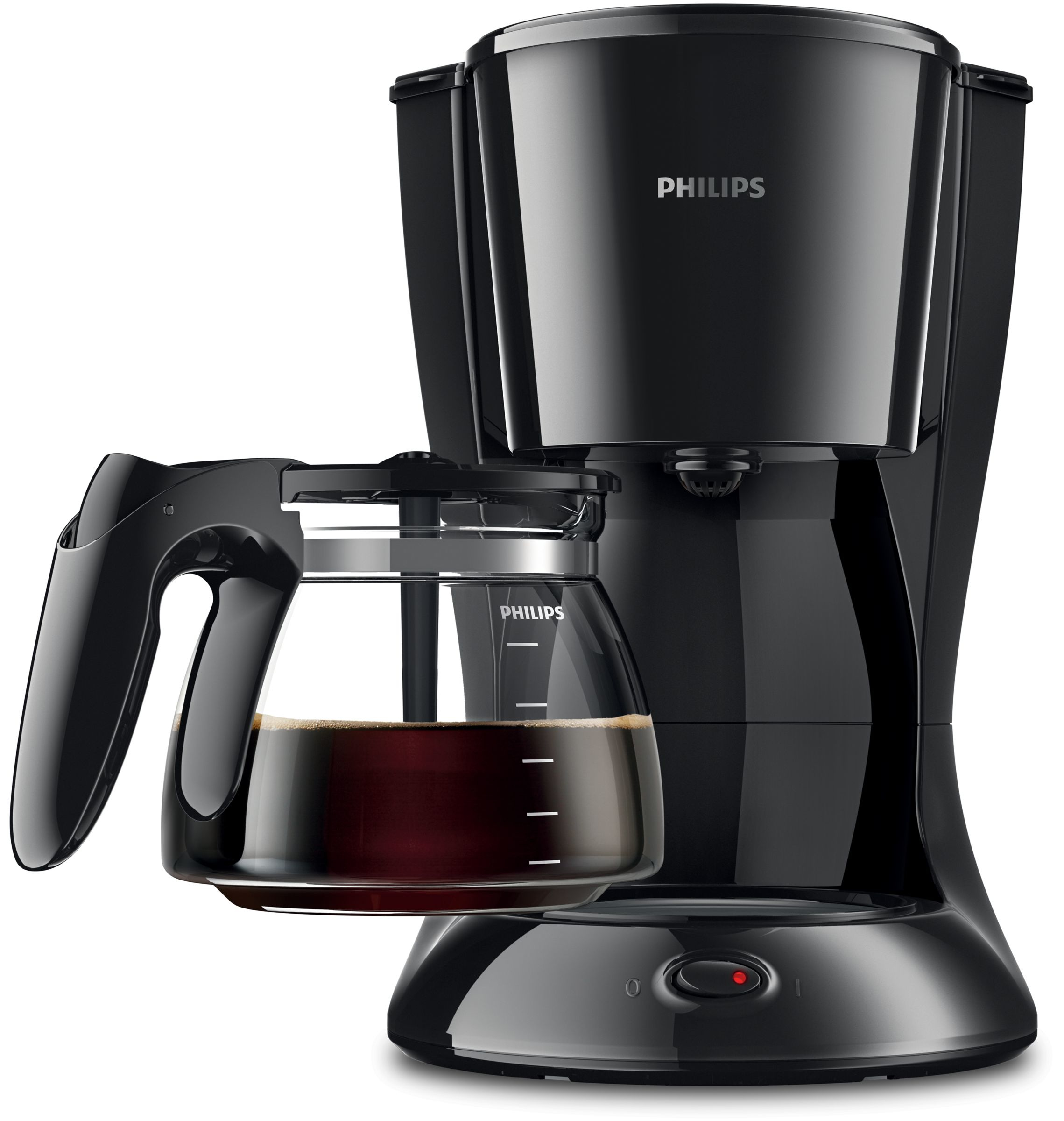 Black Philips coffee maker with a glass carafe filled with coffee, on a white background.