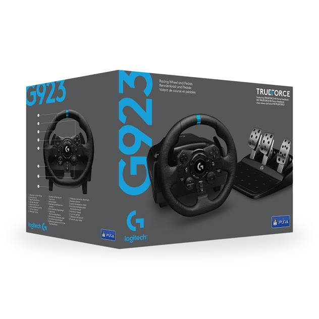 Kutulu Logitech G923 yarış direksiyonu ve pedallar. Kutuda direksiyon, pedallar ve ürün detayları bulunuyor.