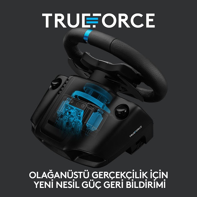 İç bileşenleri görülebilen siyah direksiyon simidi. Metin: TRUEFORCE.