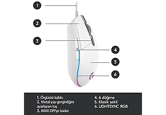 LOGITECH G G203 LIGHTSYNC RGB Aydınlatmalı 8000 DPI Kablolu Oyuncu Mouse - Beyaz_4