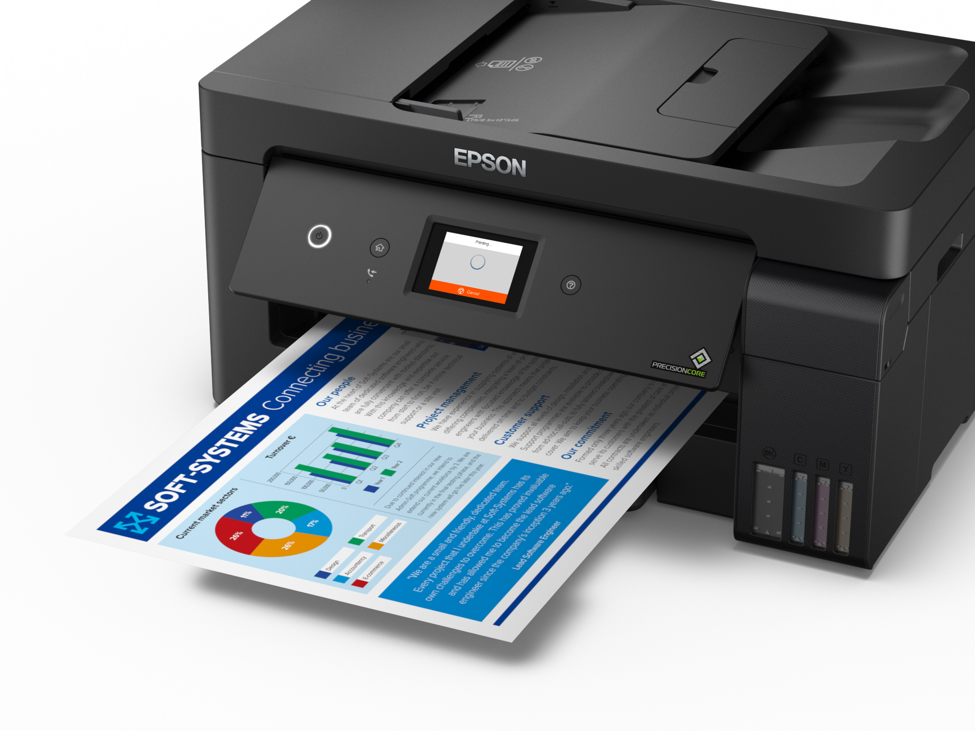 Epson yazıcı, renkli bir belge yazdırıyor. Yakın çekim görünümü.