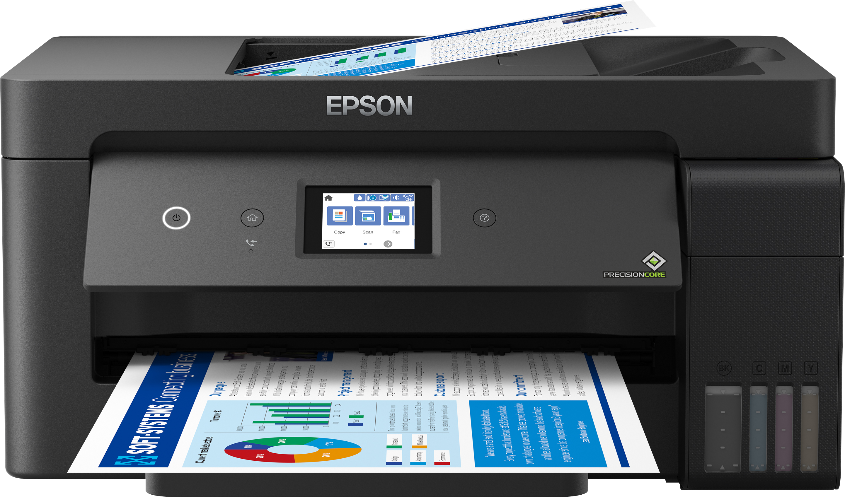 Epson yazıcı, renkli grafiklerle bir belge yazdırıyor, bir yazıcı ve mürekkep kartuşlarını gösteriyor.