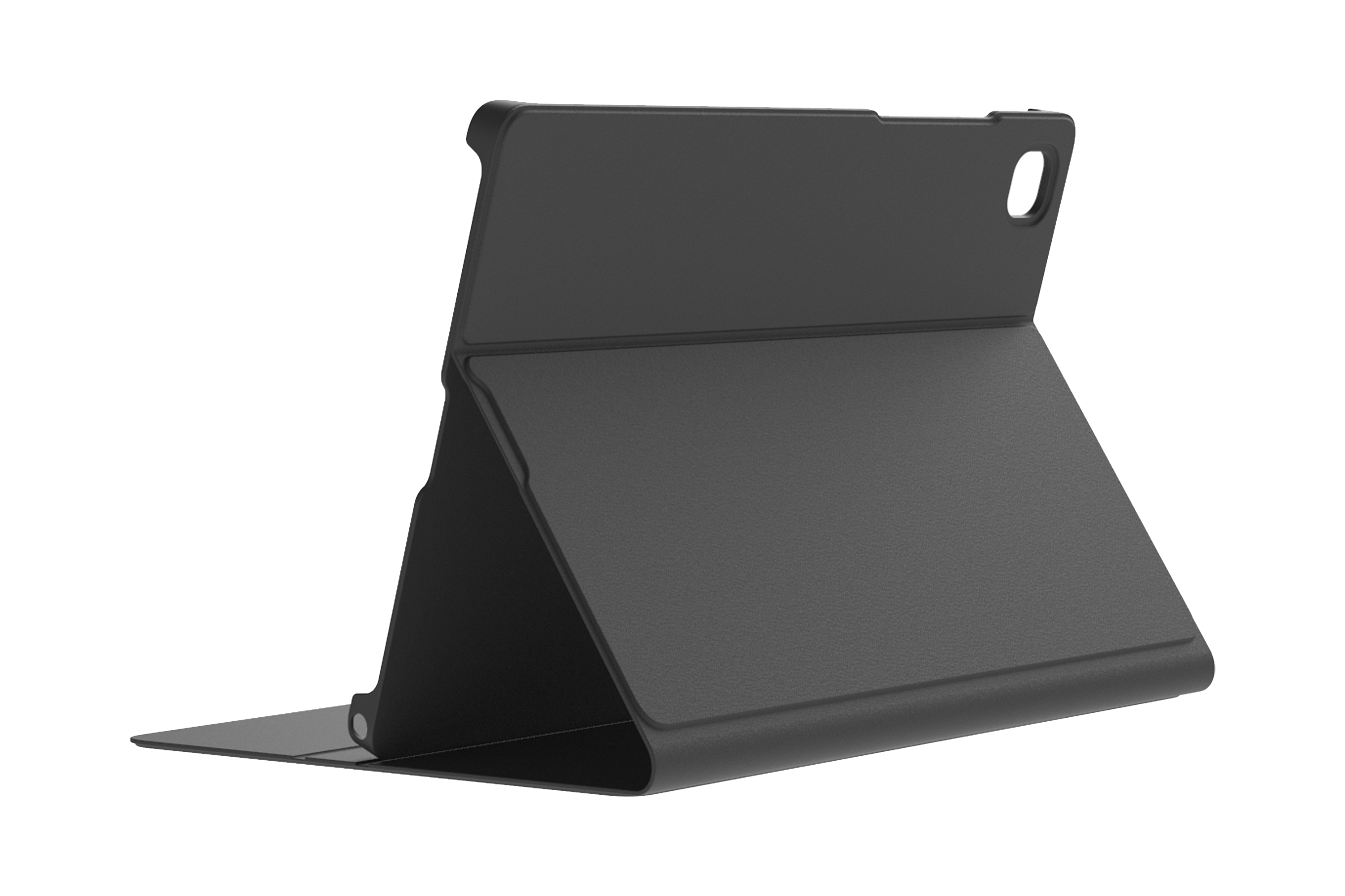 Schwarze Tablethülle, aufgeklappt, Innenansicht.