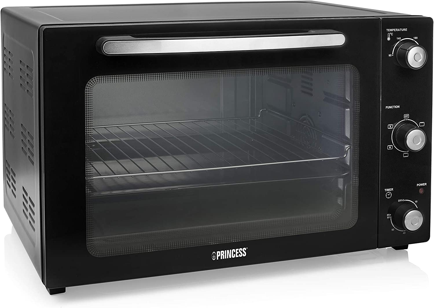 Schwarzer Backofen mit Glastür, Bedienfeld und silbernem Griff.