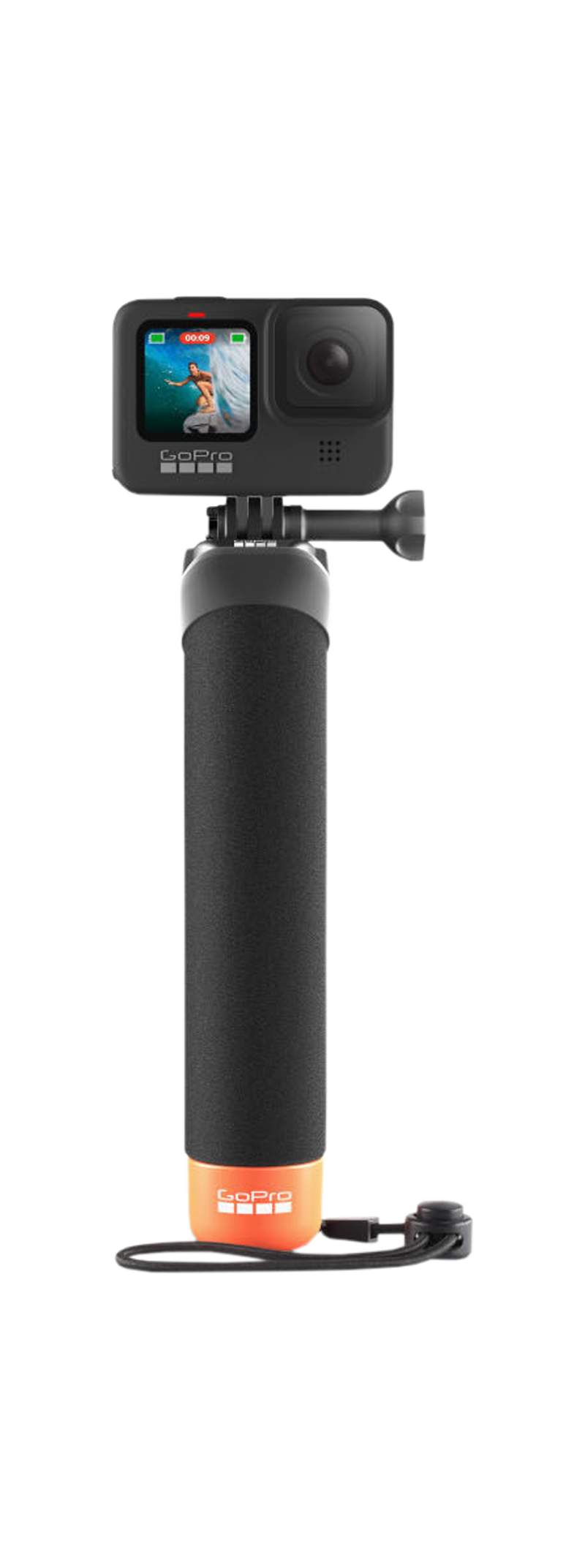 GoPro-Kamera an einem schwarzen Griff mit orangefarbenen Akzenten und Handschlaufe.