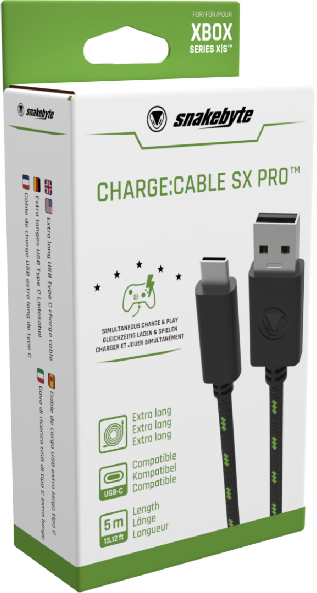 Schachtel mit einem schwarzen und grünen USB-C-Kabel für Xbox Series X/S.