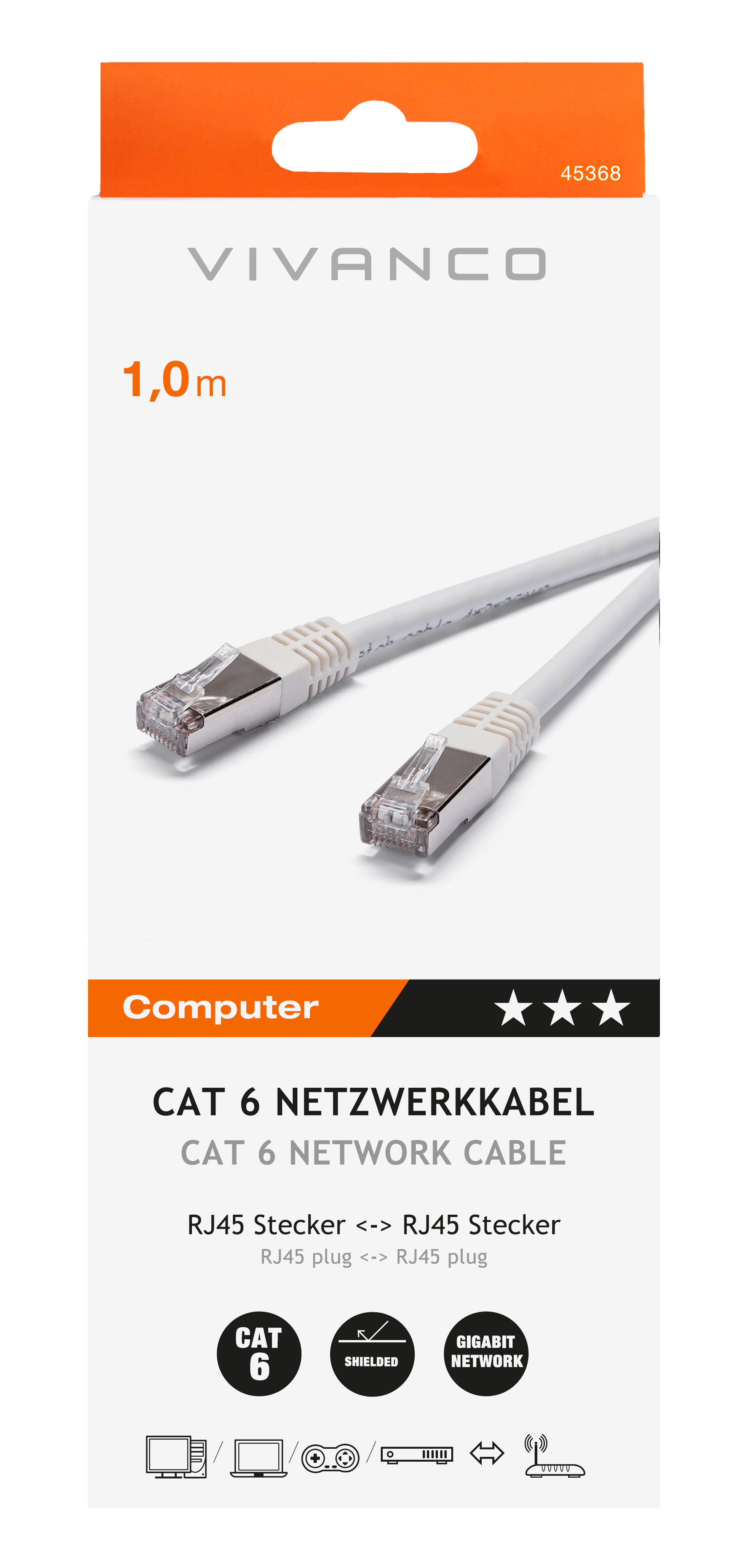 VIVANCO 45368 Netzwerkkabel CAT 6, 1m, geschirmt
