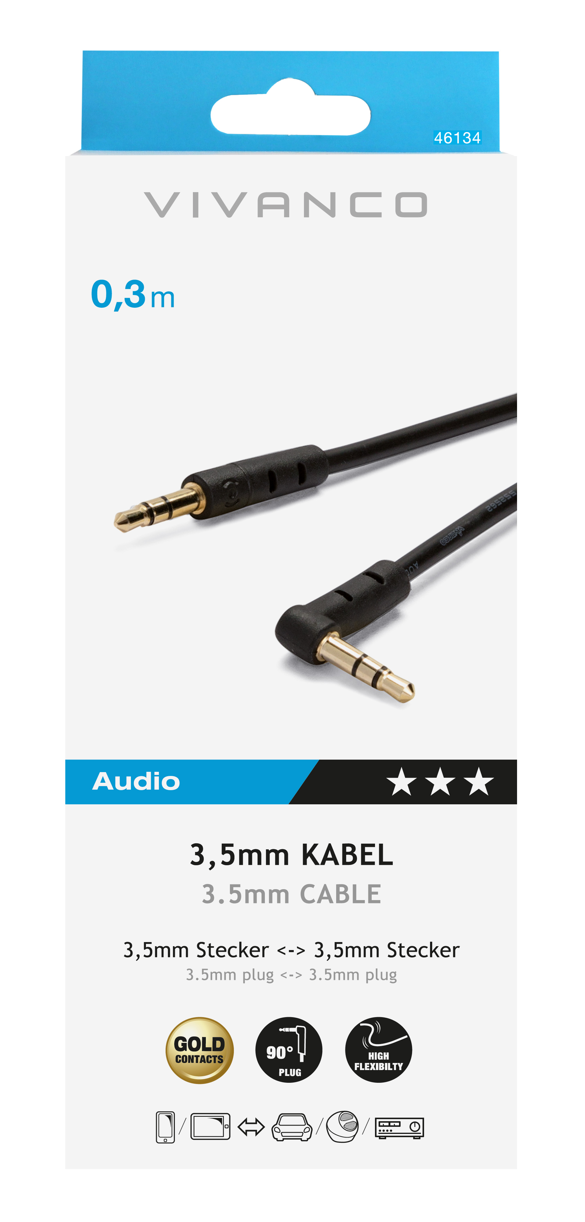 Verpackung eines schwarz-goldenen Audiokabels. Zeigt 3,5-mm-Stecker und Kabeldetails.