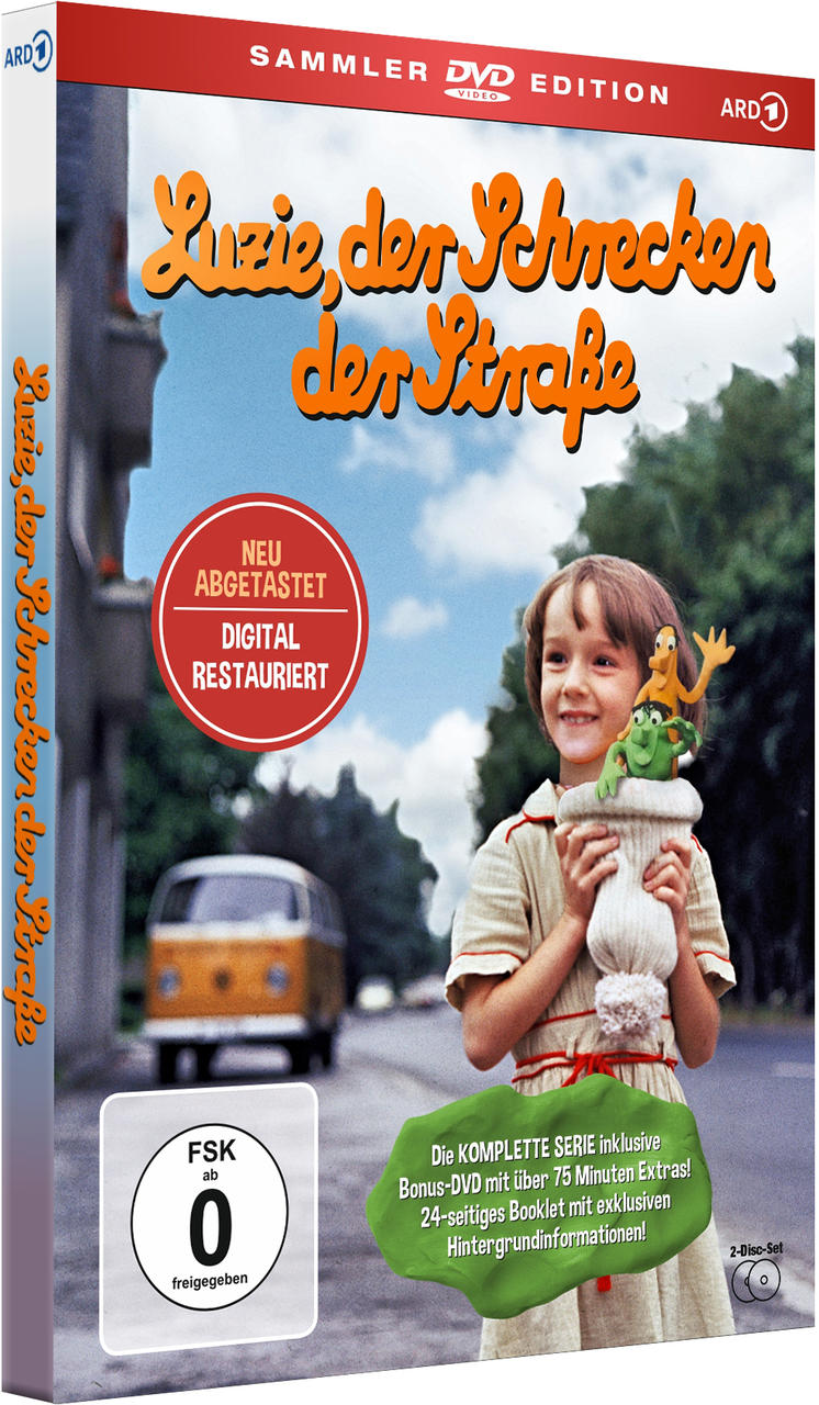 DVD-Cover für eine deutsche Kindersendung. Ein Mädchen hält eine grüne Puppe. Im Hintergrund ein gelber Van.