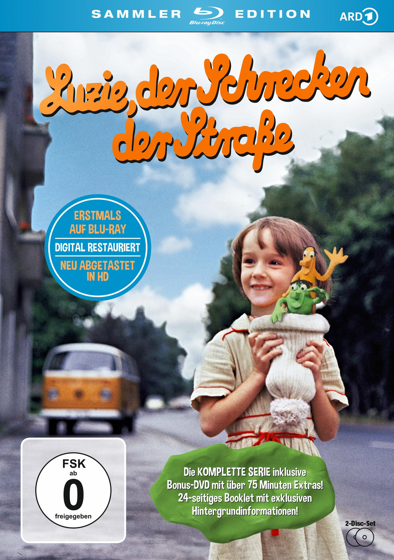 DVD-Cover. Ein junges Mädchen mit Zöpfen hält eine Puppe. Text auf Deutsch, ein gelber VW-Bus im Hintergrund.