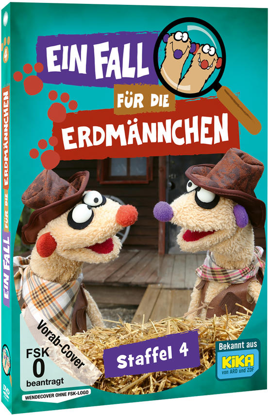 DVD-Cover mit zwei Comic-Erdmännchen-Puppen mit Hüten. Titel: Ein Fall für die Erdmaennchen.