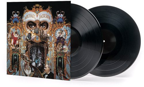 Album cover with Michael Jackson's face, and two black vinyl records.