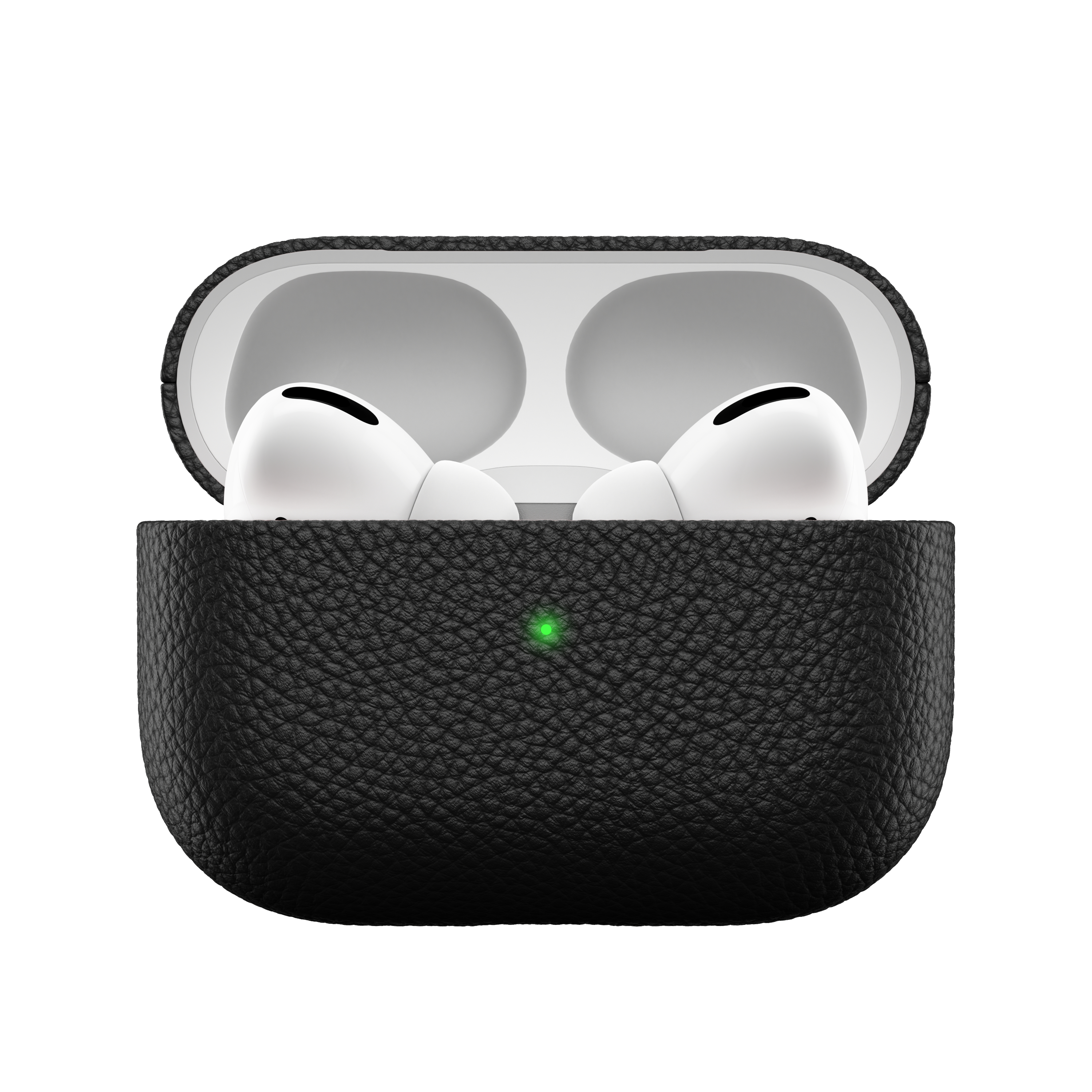 Schwarzes Leder-AirPods Pro-Etui, offen, mit zwei weißen AirPods darin. Ein grünes Licht leuchtet.