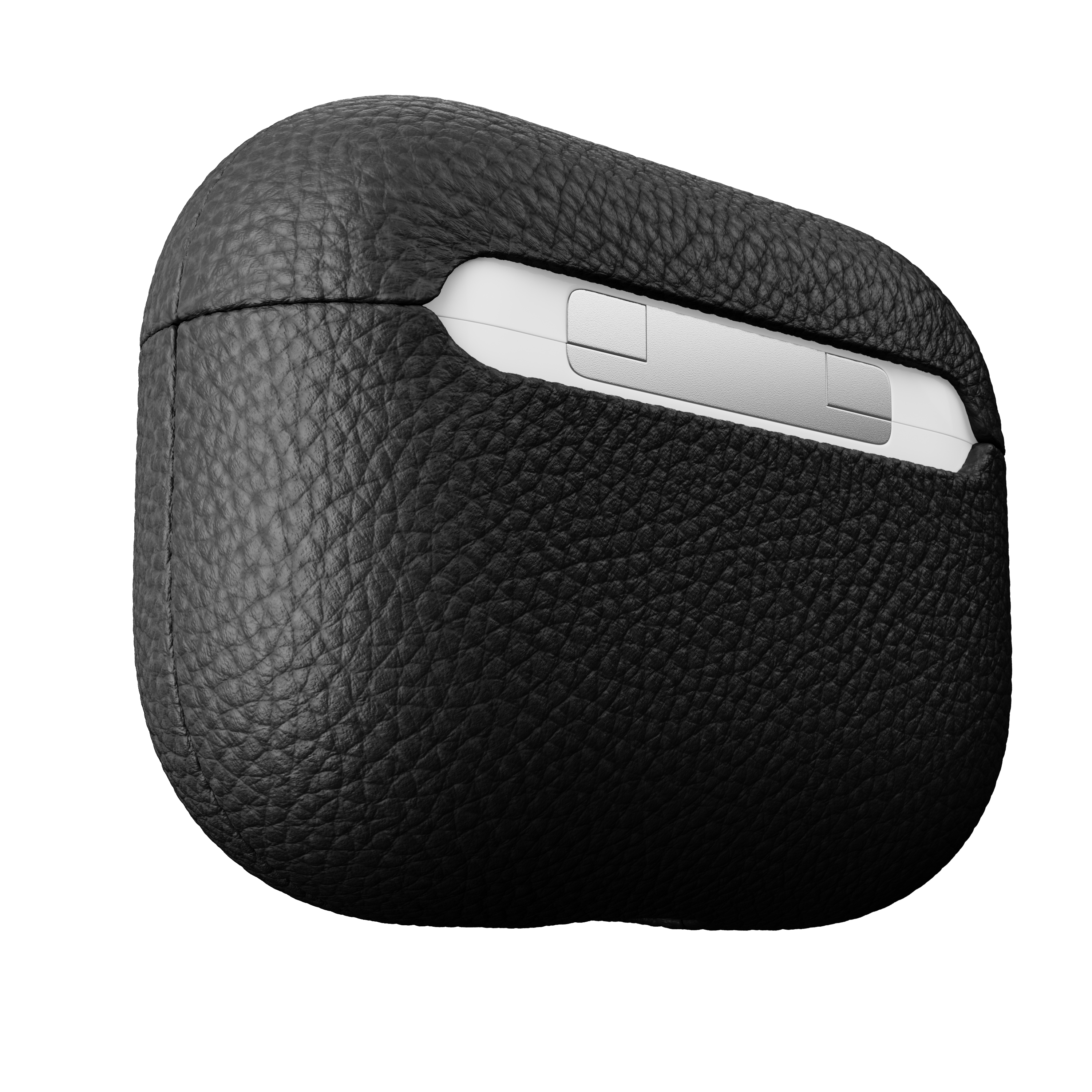 Schwarzes Lederetui für AirPods Pro, weiße AirPods innen.