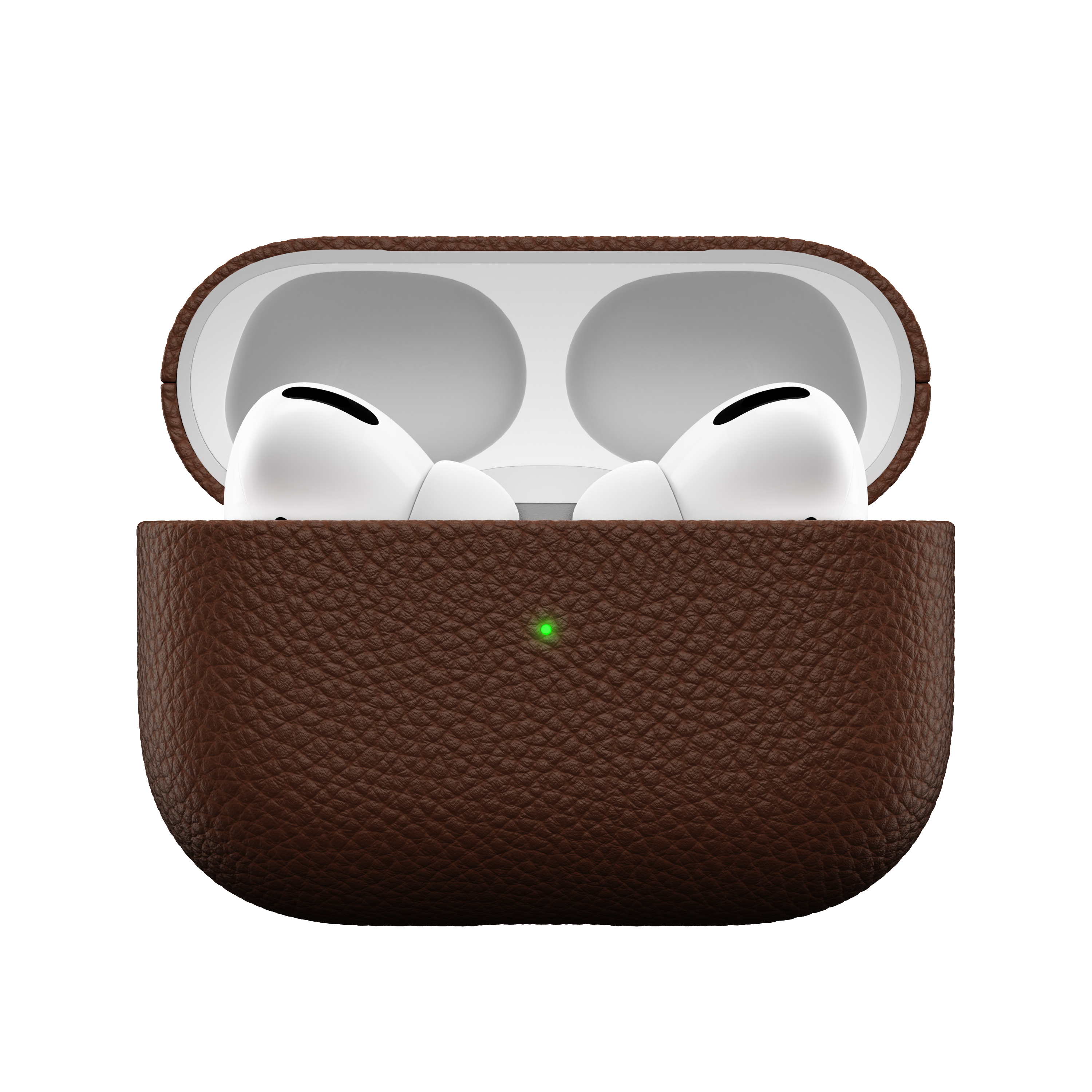 Weiße AirPods Pro in braunem Lederetui, grünes Licht an.
