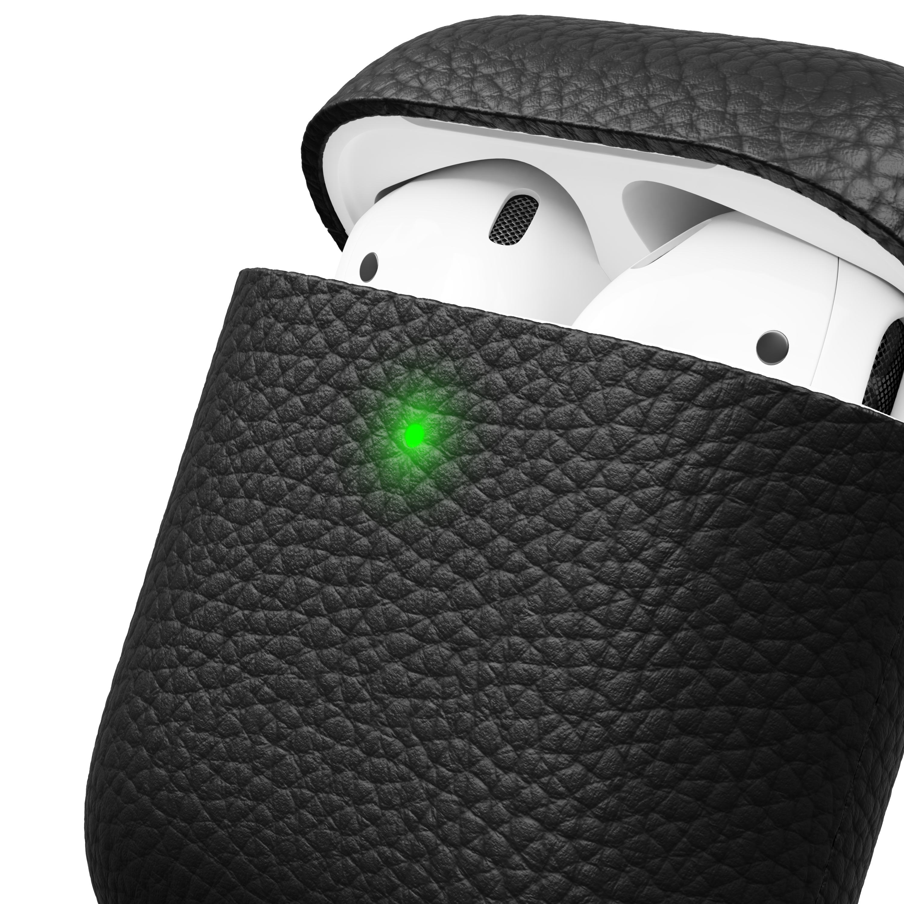 Schwarzes Leder-AirPod-Case mit grünem Licht, geöffnet und weißen AirPods.