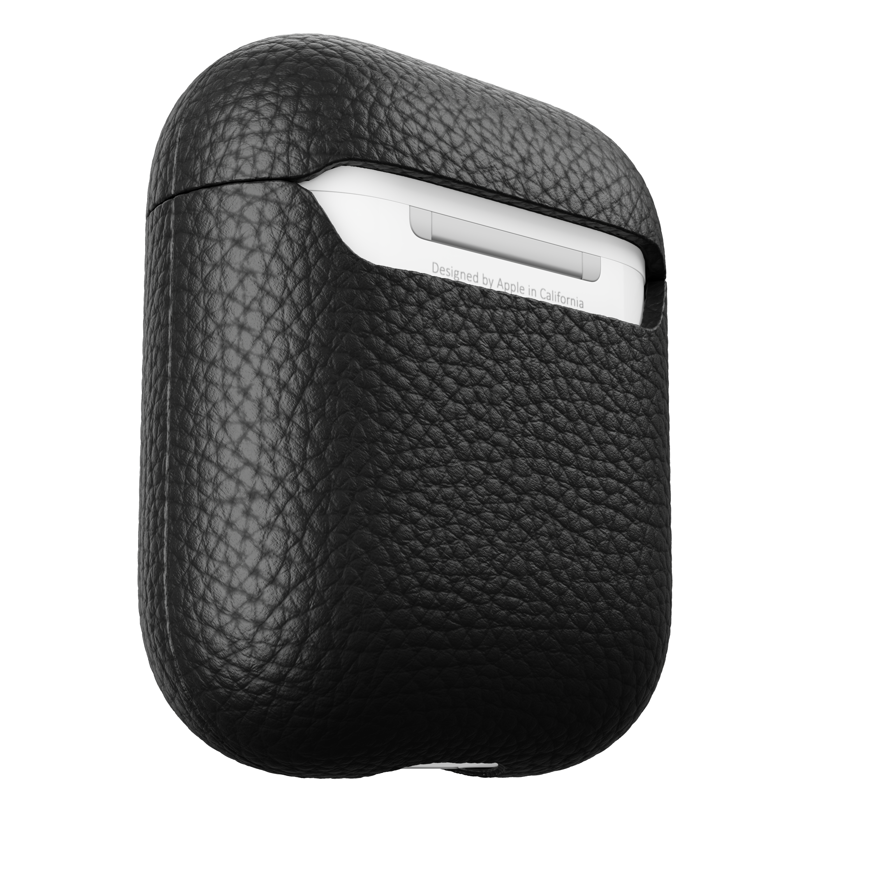 Schwarze Lederhülle für AirPods mit geöffnetem Oberteil.