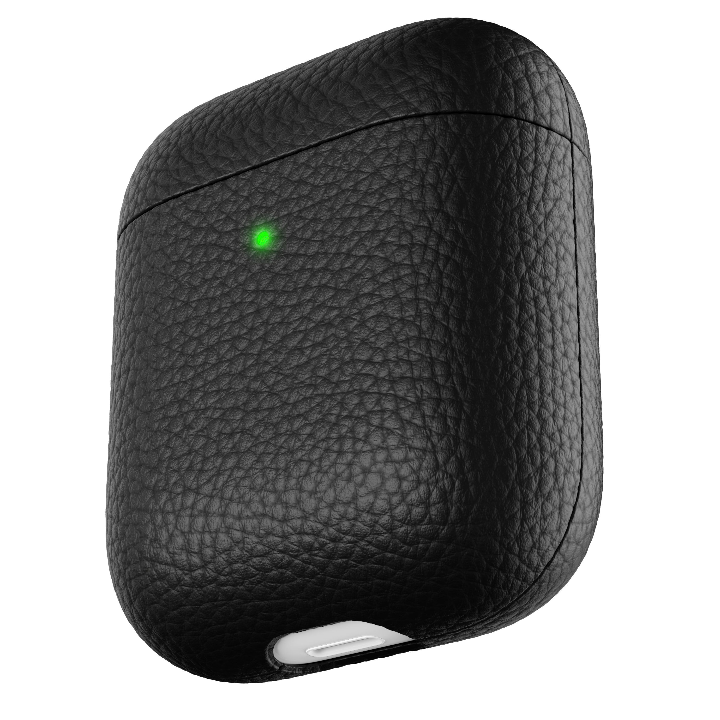 Ein schwarzes AirPods-Etui mit grünem Licht vorne, strukturiertes Leder.