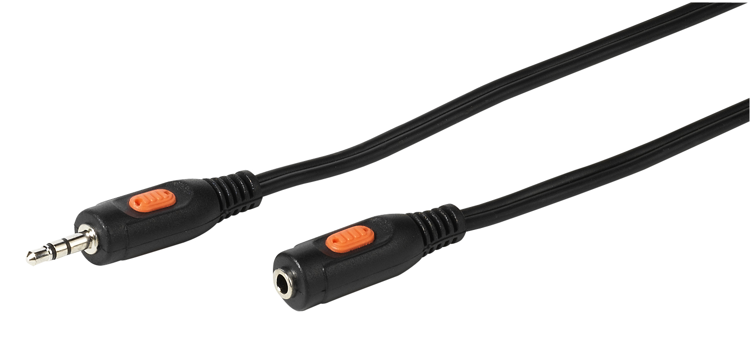 Schwarzes Audiokabel mit orangefarbenen Knöpfen. Ein Ende ist ein 3,5-mm-Klinkenstecker, das andere eine Buchse.