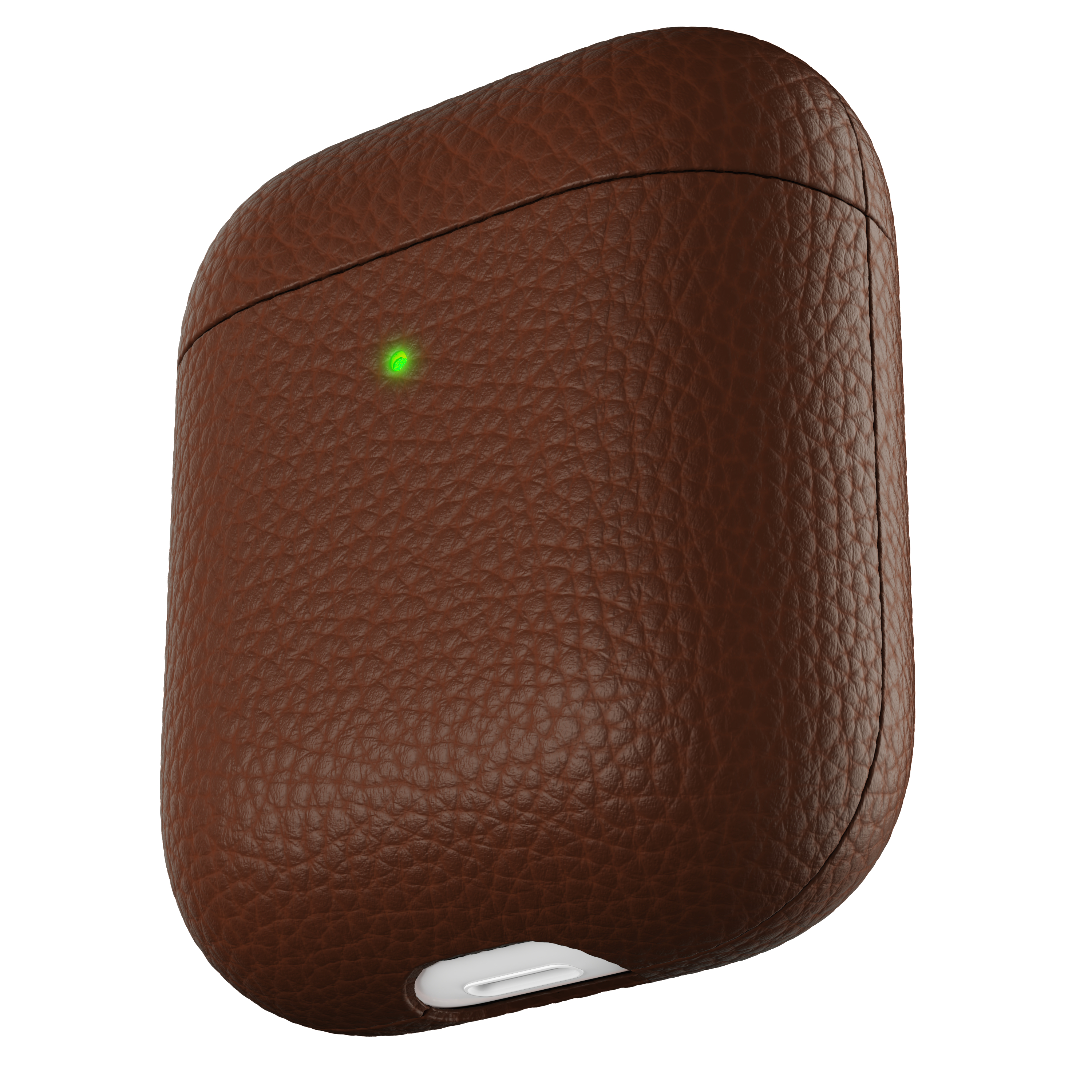 Eine braune Leder-AirPod-Hülle mit einem grünen Licht oben. Ein weißer Ladeanschluss ist sichtbar.