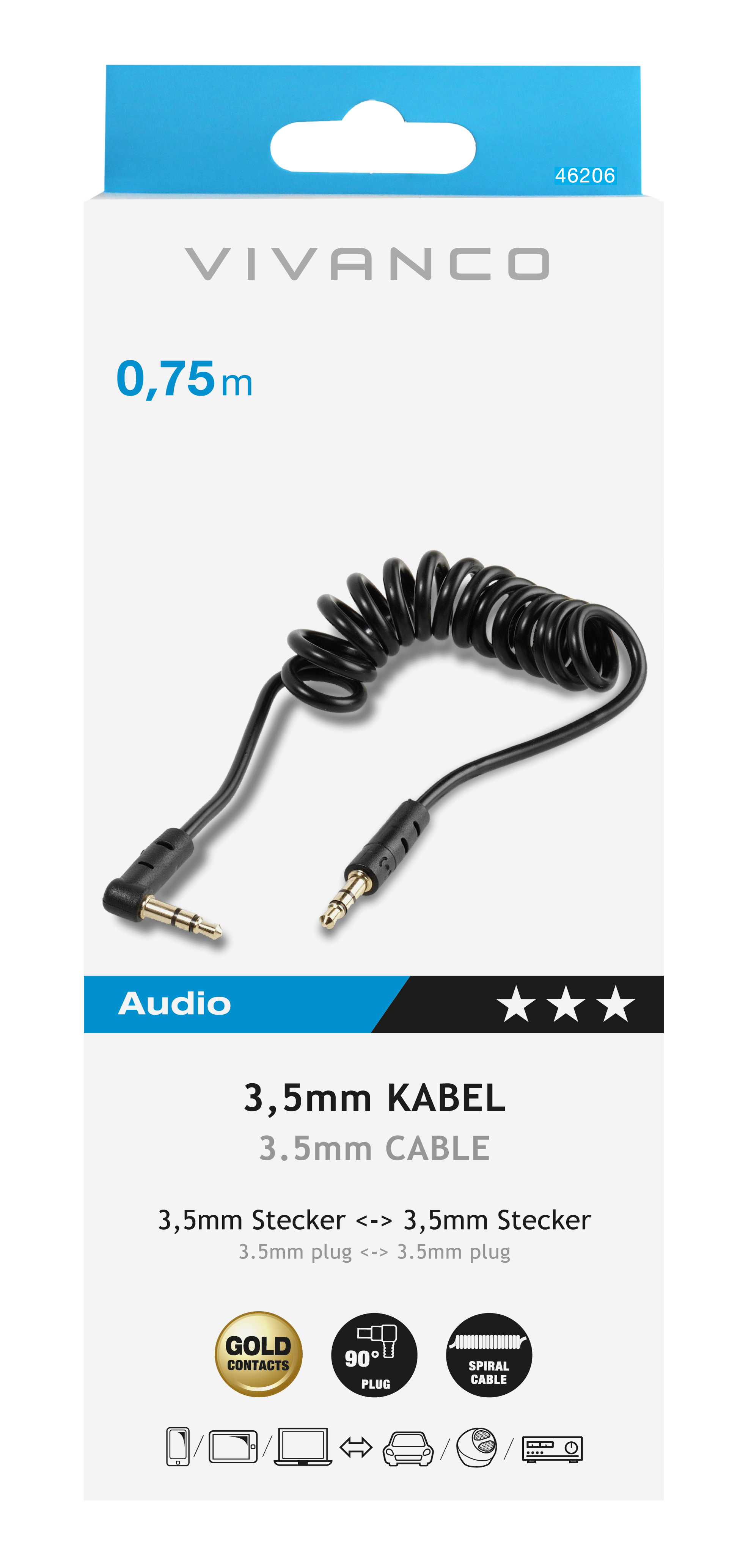 Eine Vivanco Audio-Kabelverpackung. Das Kabel ist schwarz und gewendelt.