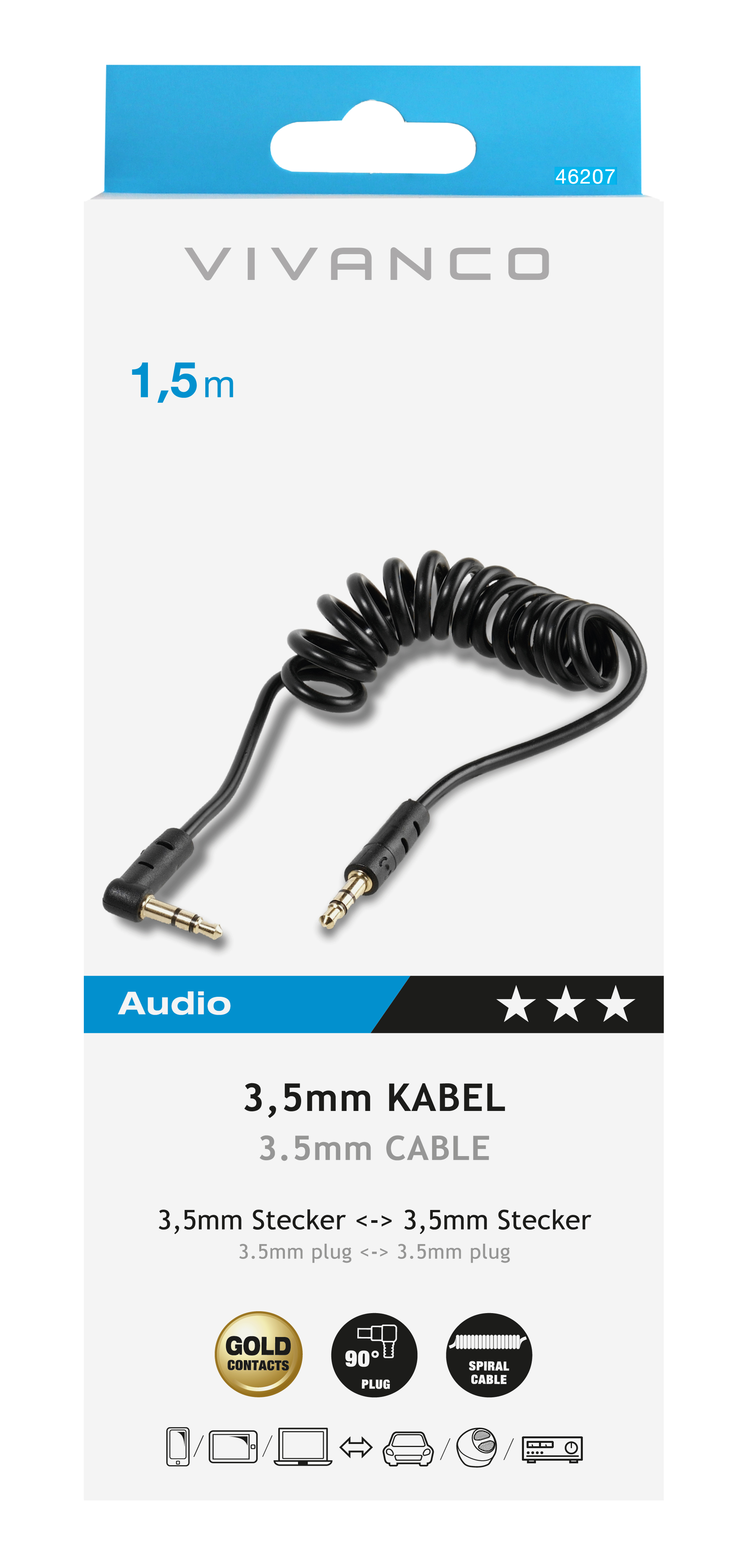 Schwarzes gewendeltes Audiokabel mit Goldsteckern in einer weiß-blauen Verpackung.